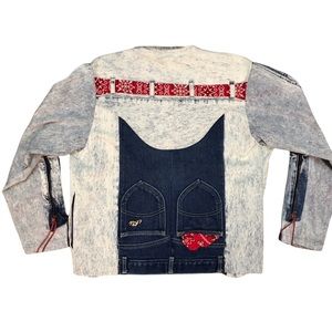 Vtg 80s 90s handmade denim jean jacket star handkerchief accents